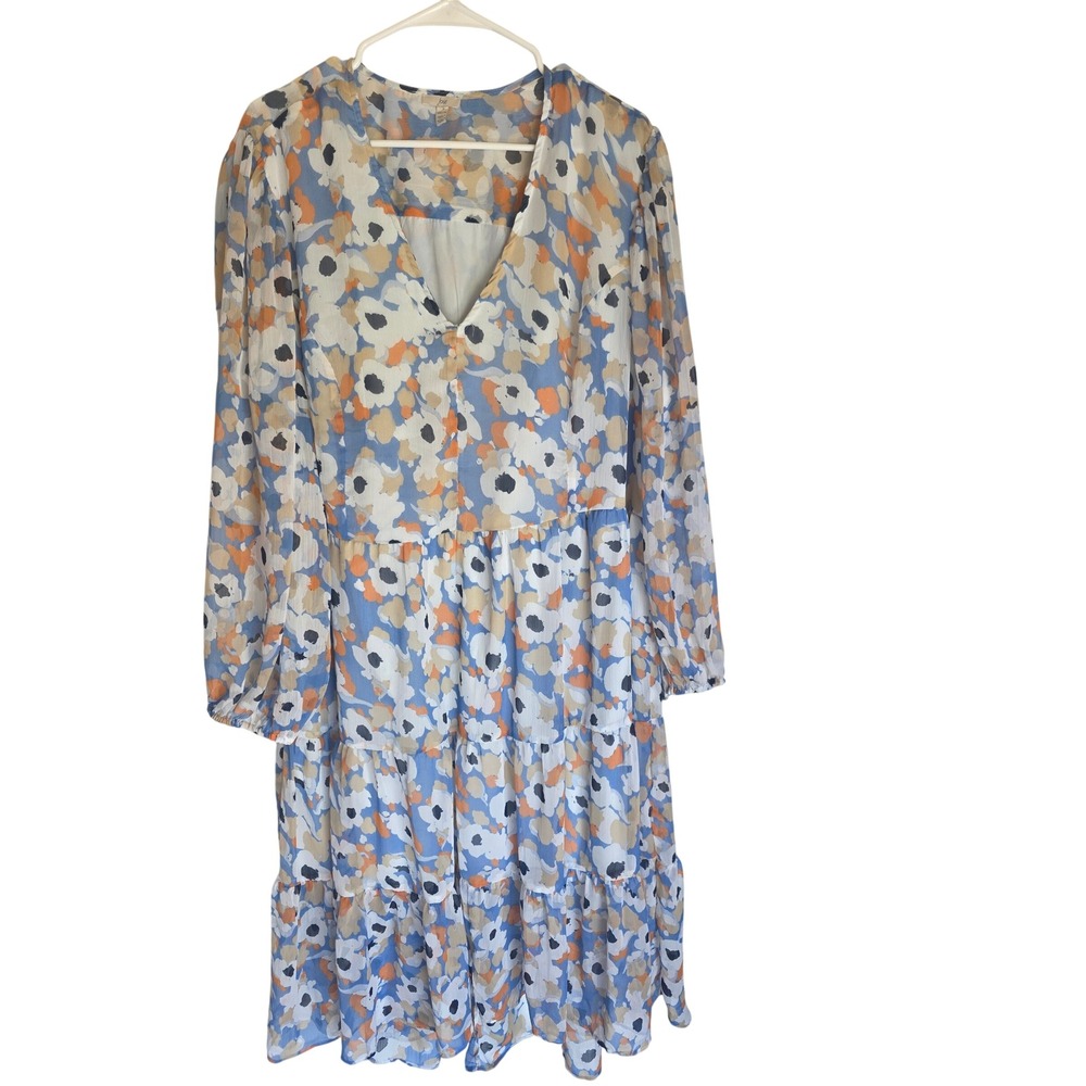 Joie Womens XXL Blue Orange Floral Tiered Chiffon V-Neck Long Sleeve Mini Dress